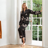 Blossom Print Long Sleeve Silk Pajama Set Floral Silk Pajamas for Women